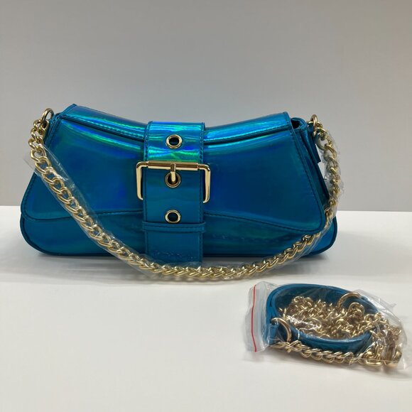 Iridescent Metallic Shiny Aqua Blue - Gold Buckle Crossbody / Chain Straps - NWT - Picture 7 of 10